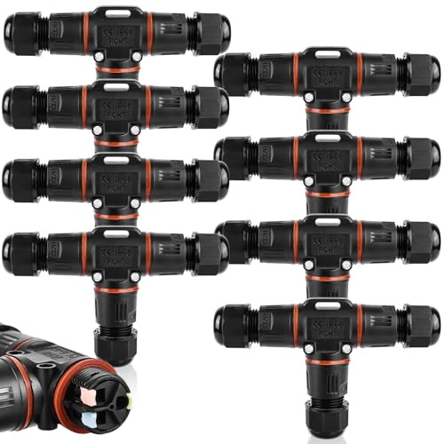 3-polig Kabelverbinder Wasserdicht IP68, T-Form Kabelverbinder Wasserdicht 3-polig Erdkabel Verbindungsmuffe für Ø3-12 mm Kabeldurchmesser, 2 Wege Wasserdichte Abzweigdose für Garten,Outdoor (8 Stück)