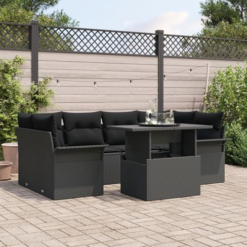 vidaXL 7-teiliges Gartensofa-Set mit Kissen, schwarzes Poly-Rattan, Möbel für Balkon und Terrasse, modulare Anordnung, wetterfest, Loungeset