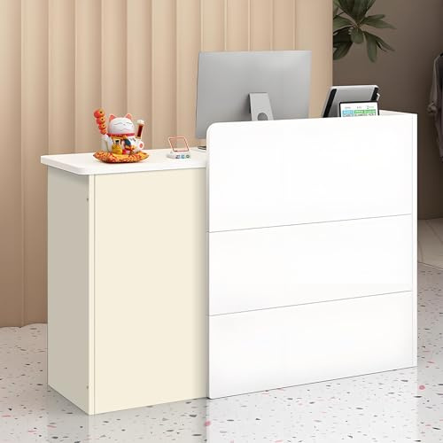 QUEMZAR Empfangstheke Klein Holz, Rezeptionstheke, Empfangstresen Kosmetik, Rezeptionstheken mit Schublade, Laden-Theke Verkaufstheke Tresen Büromöbel Rezeptionsmöbe Beige 120 * 40 * 90cm