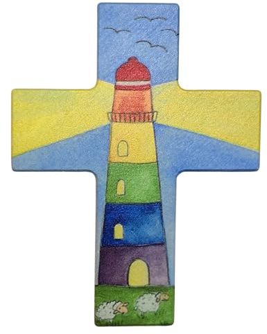 Maren Dieckvoß - Petite croix murale maritime avec phare pour naissance, baptême, communion - En bois - 7 x 9 cm - À suspendre - Multicolore et colorée