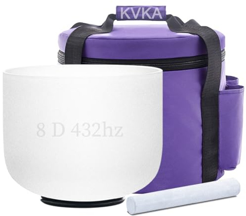 KVKA Klangschale aus Kristall, 8 Zoll (20,3 cm), 432 Hz, natürlicher Quarz, harmonisiert die Chakren – für Meditation, Yoga, Klangtherapie – inkl. Schlägel, Tragetasche und O-Ring (432 Hz Note D)