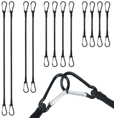 VirtuGro 12Pcs Bungee Cords with Carabiner Clips 30/60/80/100cm Heavy Duty Bungee Cords with Hooks Black Elastic Bungee Straps for Camping, Tarpaulin, Bike Rack, Tent, Car, Outdoor, Garden, Roof Rack