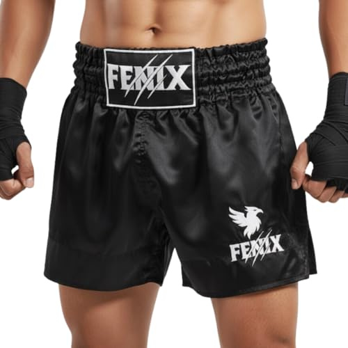 Muay Thai Shorts Kickboxing MMA Black Boxing Trunks BJJ Sparring Grappling Fighting Combat Sports Martial Arts Workout Clothing Gym with Drawstring (UK, Alpha, L, Regular, Regular, Black/White)