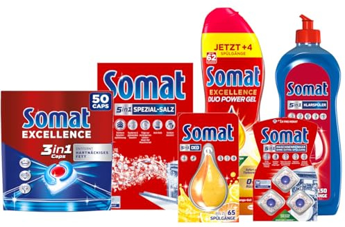 Komplett-Set für strahlendes Geschirr und gepflegte Maschine: SOMAT 3in1 Caps, Duo Power Gel, Spezial-Salz, Klarspüler, Maschinenreiniger & Deo – kraftvoll, Kalkschutz, Glanz und Frische in einem