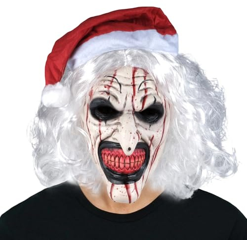 Aofonchy Halloweenmask, skräck, clownmask med hår och jultomtemössa, realistisk latex läskig clown, helhuvudmask, blodig joker, masker för halloween, karneval, kostym, cosplay, rekvisita