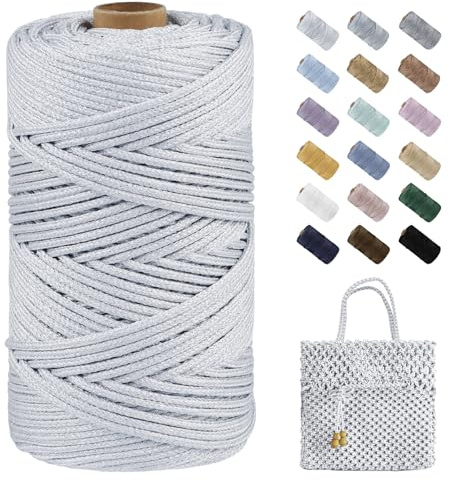LEREATI Cordino per Borse Uncinetto, Filo Macrame 3mm x 100m Filato Glitterato Poliestere, Cordoncino per Borse a Uncinetto, Fai da Te, Lavori a Maglia, Decorazioni, Artigianato (Grigio + Argento)