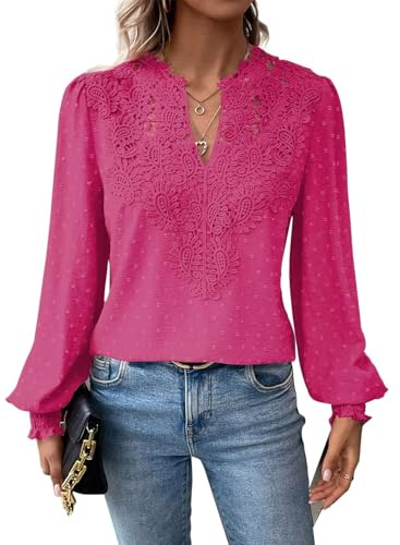 TUUHAW T Shirt Donna Elegante Manica Lunga Magliette Boho Scollo a V Casual | Autunno Volant Camicia, Elegante Abbigliamento, Pizzo Top, Primavera Camicetta, Ricamato Curvy Maglie, Affari Contadino Blusa