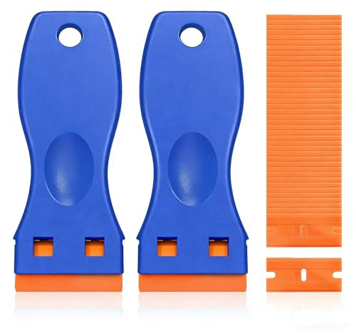 2PCS Plastic Scraper with 100 Plastic Blades,Multipurpose Non-Scratch Glass Scraper,Glass Scratch Remover for Removing Stickers Labels Caulk Paint Residu