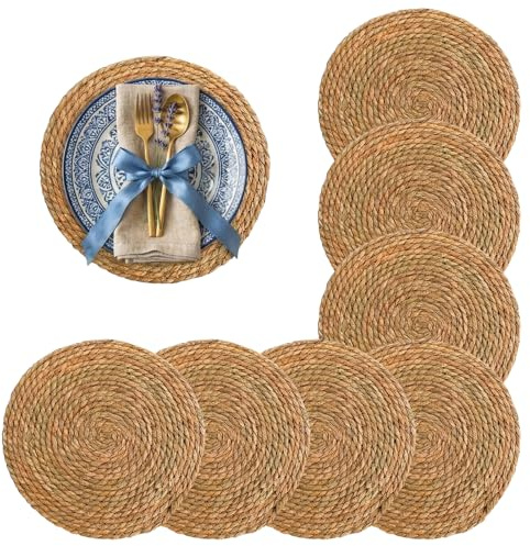 Round Woven Placemats Set of 8, Water Hyacinth Placemat, 30 CM Heat Resistant Round Place Mat, Natural Braided Table Mats for Dining Table Home Party Wedding (Natural)