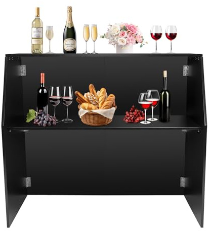 Portable Folding Event Bar with Top & Middle Shelves, 43Inch Foldable Bartender Table Cabinet Commercial Freestanding Counter Cabinets Mobile Laminate Foldable Bar for Parties Picnics Barbecue (Black)