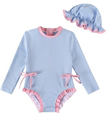 DivingBirds Bañador de manga larga para niña, traje de baño de una pieza con capucha, material elástico, diseño colorido para 3-24 meses, Blue Stripe, 3-6 meses