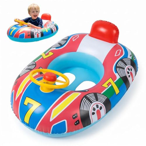 NIFTYY Kids Inflatable Swim Ring with Safety Lock & Anti-Slip Handles – Fun Race Car Pool Float for Children 2-6 Years, Bright Colour Baby Swimming Ring for Beach, Pool & Bathtub (blue)