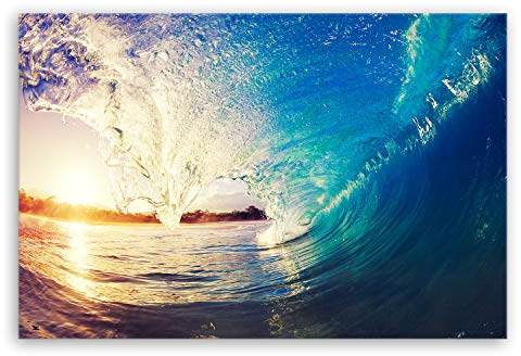 ge Bildet Bild auf Leinwand | the Wave - Welle Surfen Wasser Sonnenuntergang blau gelb orange S in 120x80 cm als Wandbild XXL | Wand-deko Dekoration Wohnung modern Bilder | 2213