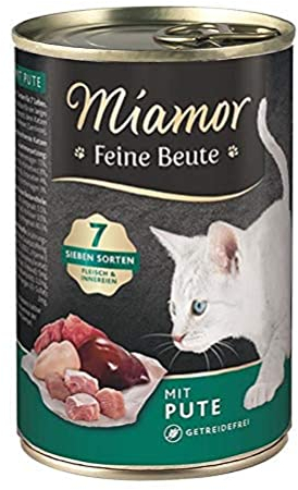 MIAMOR - Feine Beute | Nassfutter für ausgewachsene Katzen mit 7 Sorten Fleisch und Innereien. Getreidefreies Alleinfutter mit Taurin in der Dose ohne künstliche Zusätze | 12x400g Pute