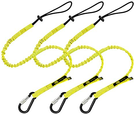 BearTOOLS Tool Lanyard with Buckle Strap - Clip Bungee Cord - Heavy Duty Screw Locking Carabiner - Fall Protection and Safety - Adjustable Loop End - Tough Tether - Construction - 3PK (Yellow 0923YS)