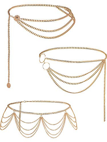 Hicarer 3 Pcs Silver Gold Waist Chain for Body Multi Layer Metal Chain Belts for Women Girls Summer Beach Jewelry Adjustable