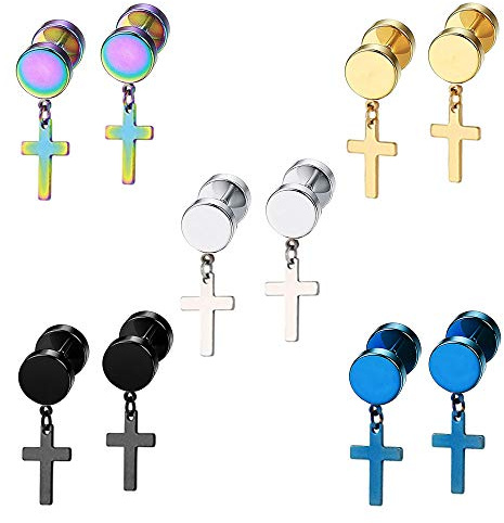Epoch World 5 Paare Edelstahl Ohrringe Männer Ohrstecker für Herren Damen, Ohrringe Kreuz Herren Ohrstecker Kreuz Silber Gold Schwarz Piercing Tunnel 8MM