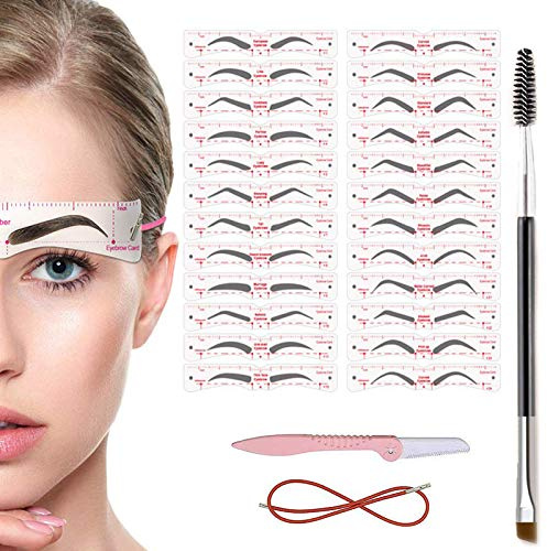 TEUVO Plantilla Cejas Kit para Principiante 3 Actas Maquillaje, 24 Estilos de Plantillas, 1 Cepillo Cejas y 1 Cuchilla Cejas, DIY Reutilizable Ceja Kit para Mujeres