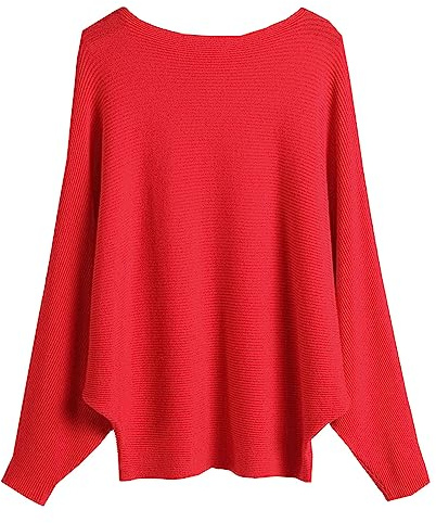 Pullover sans manches pour femme, à manches chauve-souris, ample, uni, en tricot, hauts., rouge, taille unique