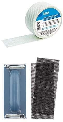 Knauf EASY-TAPE Fugendeckband zum Stabilisieren und Verspachteln von Fugen – selbstklebender Bewehrungs-Streifen zum Verfugen von Platten bzw. Gipsfaser-Platten inkl. Handschleifer für Rigips