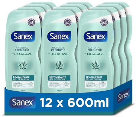 Sanex Natural Prebiotic BIO Agave Revitalizante Gel de Ducha, Pack 12 Uds x 600ml, Gel de Baño con Prebiótico Natural de Bio Agave, 12H de Hidratación, 92% de Origen Natural*, Sin Sulfatos SLS**