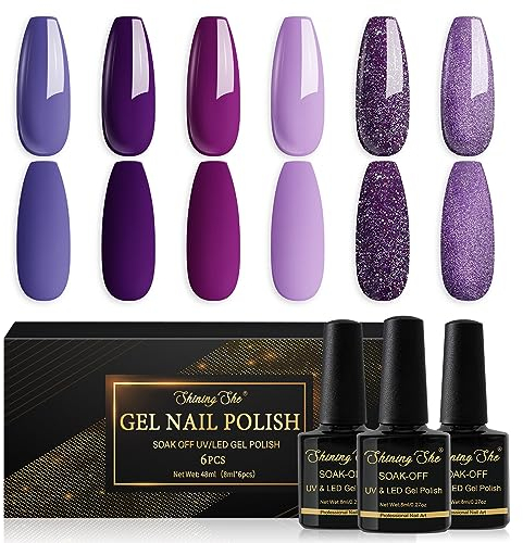 Shining She UV Nagellack Lila, 6 Farben Lila Wisteria Rose lila Gel Nagellack Set Soak-Off UV Gel Nail Polish Maniküre Set für Anfänger Nail Art Salon DIY, 8ML