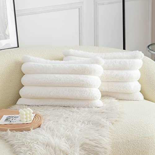 Neelvin 2er Set Plüsch Kissenhülle Kunstpelz Gemütliche Weiche Gestreifte Dekorative Kissenbezug Kissenbezüge Dekokissen Zierkissenbezug Sofakissen Cream Weiße 30x50 cm für Sofa Schlafzimmer