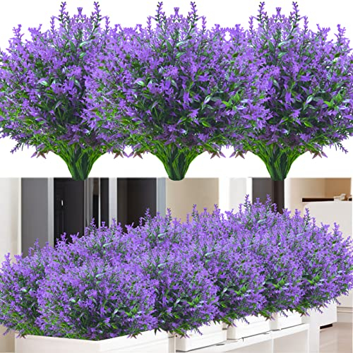 Kinisty Kunstblumen für Außen 12 Bündel Lavendel Künstliche Blumen Wetterfeste Balkonpflanzen Künstliche Pflanzen Büsche für Outdoor Indoor Balkon Balkonkasten Blumenkasten, Lila
