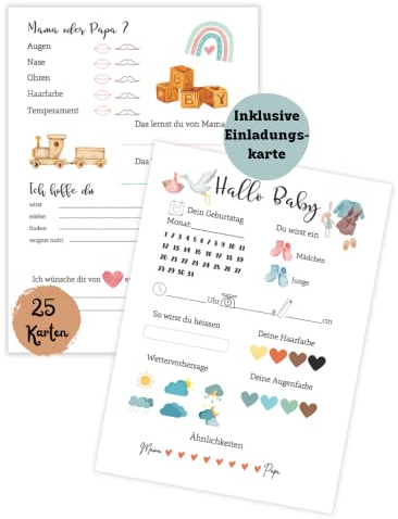 Mookrook 25x Babyparty Ratespiel Karten - Gender Reveal Party, Babyshower Rätsel, Einladungskarte, Tippkarten für Mädchen und Junge, Party Spiel