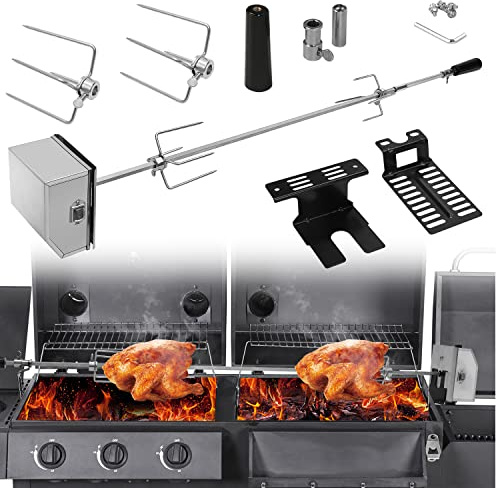 Ansobea Grillspieß Elektrischer, universal Edelstahl Drehspieß mit Fleischnadeln, Motor, Grillspieß für BBQ Grill Gasgrill, Rotisserie Set, Traglast (2* Fleischnadeln), Silber+schwarz, as3123423