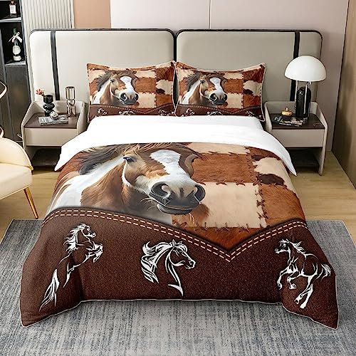 Pferd 100% Bio-Baumwolle Tröster Abdeckung Kuh Pelz Patchwork Gitter Bettbezug Set 200x200 für Schlafzimmer Farms Bettwäsche Set 2 Kissenbezügen