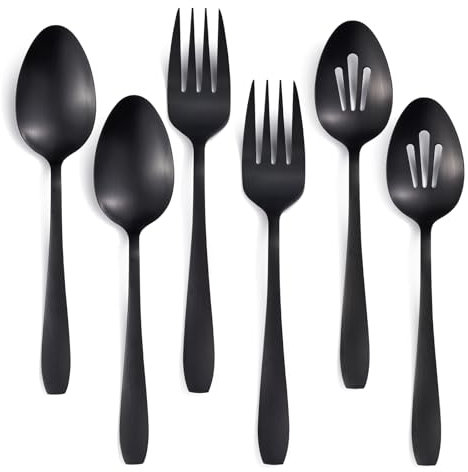 Seeshine 6 Pieces Large Black Serving Utensils, Stainless Steel Catering Buffet Serving Set Hostess Set, Serving Spoon x 2, Slotted Serving Spoon x 2 and Serving Forks x 2 for Party Banquet Cooking
