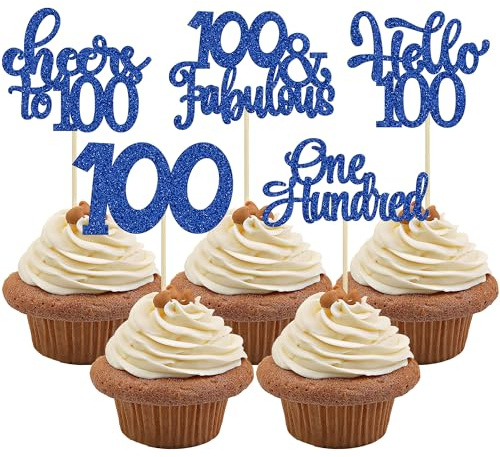 30Pcs Happy 100th Birthday Cupcake Toppers Deep Blue Glitter One Hundred Cheers to 100 Years Old Birthday Cupcake Picks for 100th Anniversary Party Cake Decorations