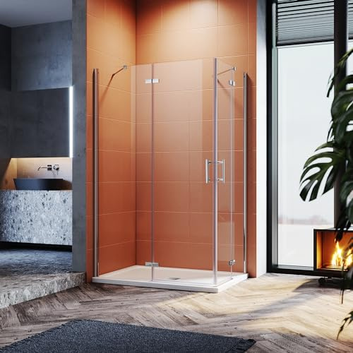 SONNI Cabine de douche 80 x 100 x 195 cm - Entrée d'angle - Avec épaisseur de 4 cm - Bac de douche carré et bonde - Verre Nano Esg de 6 mm - Porte à charnière sans cadre