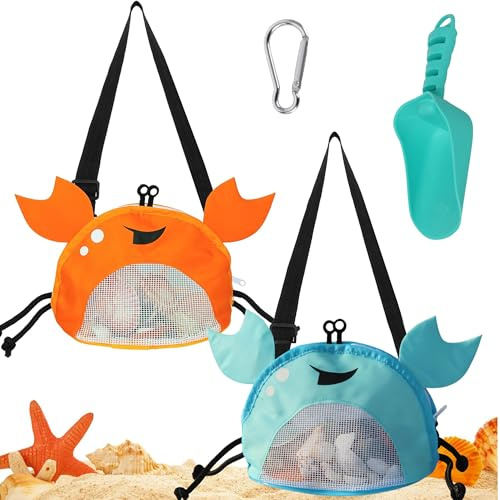 PLOGGING Mesh Beach Bags for Kids, 2Pcs Shell Collecting Bags with Adjustable Strap and Zipper, Sand Toys Beach Shell Bags, Green+orange, M