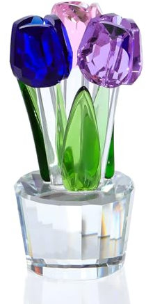 Crystal Colorful Tulips Flower Figurine Collectible Ornaments, Glass Tulips Gifts for Women Christmas Mother's Day