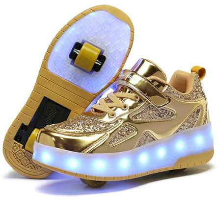 Mateju Kinder Schuhe mit Rollen für Jungen Mädchen 2-in-1 Rollschuhe Versenkbarer Doppelt Rollen Funkelnde Pailletten Outdoor Sportschuhe Roller Schuhe Turnschuhe Skateboardschuhe