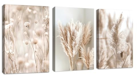 FajerminArt 3 Panels Boho Canvas Wall Art Set Modern Beige Reeds Pampas Plants Pictures Painting on Canvas Prints for Living Room Bedroom Office Wall Decoration Stretched On Frame 30x40cmx3Pcs