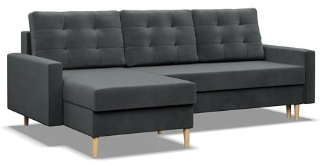 Mebligo - Ecksofa mit Schlaffunktion und Bettkasten BLANK, 223x88x140 cm, Universelles Eckcouch, Rechte oder Linke Seite Couch, Wohnzimmer Schlafsofa. L Couch mit Schlaffunktion - Dunkelgrau