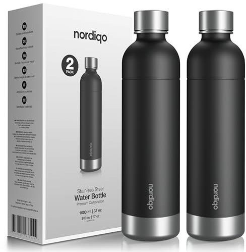 Nordiqo Premium Edelstahl Flasche 1L / 1000 ml | Kompatibel mit Aarke Carbonator 3, Sodastream (Exkl. model Crystal + Jet) & vielen weiteren | Spülmaschinenfest, Kein Verfallsdatum - Schwarz x 2