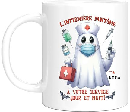 HALUMI Mug Infirmière Fantôme Nom Personnalisé - Tasse Originale Halloween A Votre Service Jour Et Nuit - Idée Cadeau Humour Anniversaire Départ Retraite Femme - Mug Ceramique Bicolore 330ml 440ml
