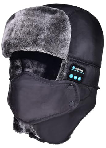 Trappermütze Bluetooth, Unisex Winter Ohrenklappen Musik Warme Mütze Skimaske Winddichte Bombermützen Kunstpelz Russische Mütze mit Lautsprecher Kopfhörer Ohrenklappen für Skifahren Radfahren, Schwarz