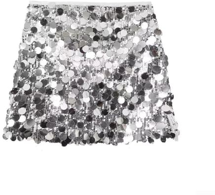 Pailettenrock für Damen, Glitzer Rock Damen Elegant Rock Silber Glitzerrock Mittelhoch Kurz Funkelnd Dehnbar Figurbetont Minirock Glänzend Tanzclub Hüftrock mit Elastische Taille Party Rave Outfit
