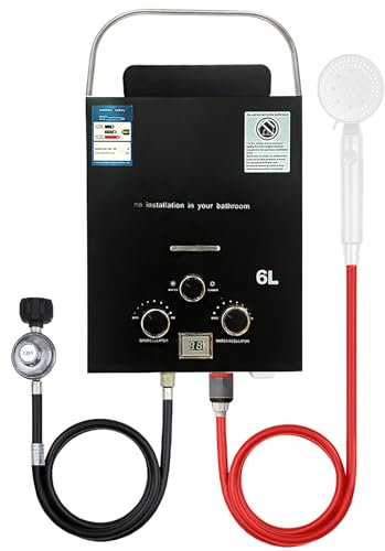 Chauffe-eau à Gaz Propane Butane LPG 6L 12KW, avec Poignée Pliante Portable, avec Kit de Douche, Modes Hiver et Été, LED Chauffe-Eau sans Réservoir, pour camping-car, RV Voyage, douche (Noir)