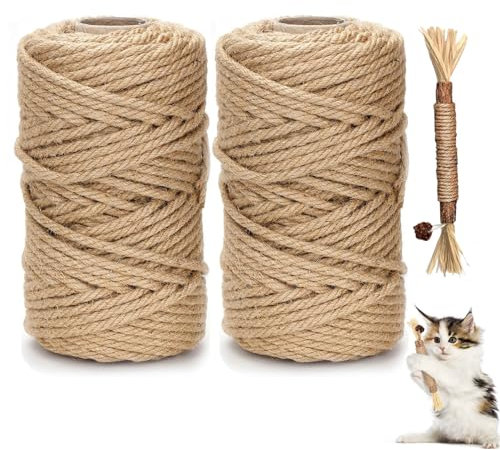 DXRPO Corde Arbre à Chat de 2 pièces 6 mm 60 m Naturel pour Chat - Accessoire pour Poteau de Rechange Arbre à Chat, avec Un Bâton de Griffe de Chat, Maison, Jardin, Bricolage, Décoration
