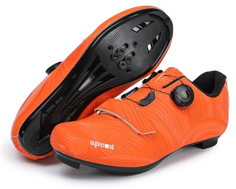 Treer Chaussure Velo Route Hommes, Chaussures Velo Route Chaussures de Cyclisme Homme et Femmes VTT Velo Route avec Crampons Antidérapants Semelle Dure 36 EU-47 EU (Orange,44)