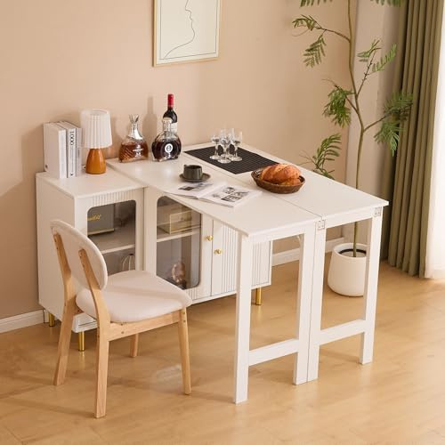 Merax Ausziehbarer Bartisch mit Stauraum, Buffet Sideboard mit klappbarem Ausziehtisch, Beistelltisch Stehtisch Bistrotisch Küchentheke, Weiß/122-238 x 80 x 82 cm