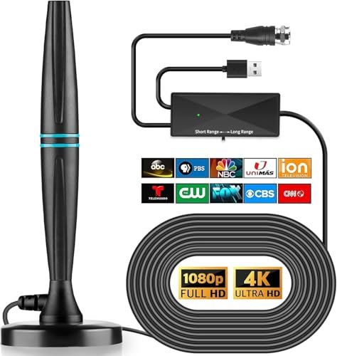 Antena de TV, Antena de TV Interior con Amplificador de señal, Rango de más de 320 Millas, Antena Digital Compatible con Canales Locales 4K 1080P HD con Cable de 18 pies