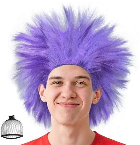 BECULINA Lila spiky peruk 【+ hårlock】Syntetisk kort galen peruk för cosplay lila peruker halloween karaktärer party teman musikfestivaler kostym peruker för vuxna män