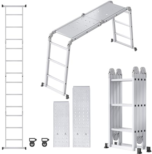 FIVMEN Scala multiuso 6 in 1, scala telescopica con 2 piattaforme di lavoro e 2 rotoli, scala a pioli in alluminio, 4 x 5